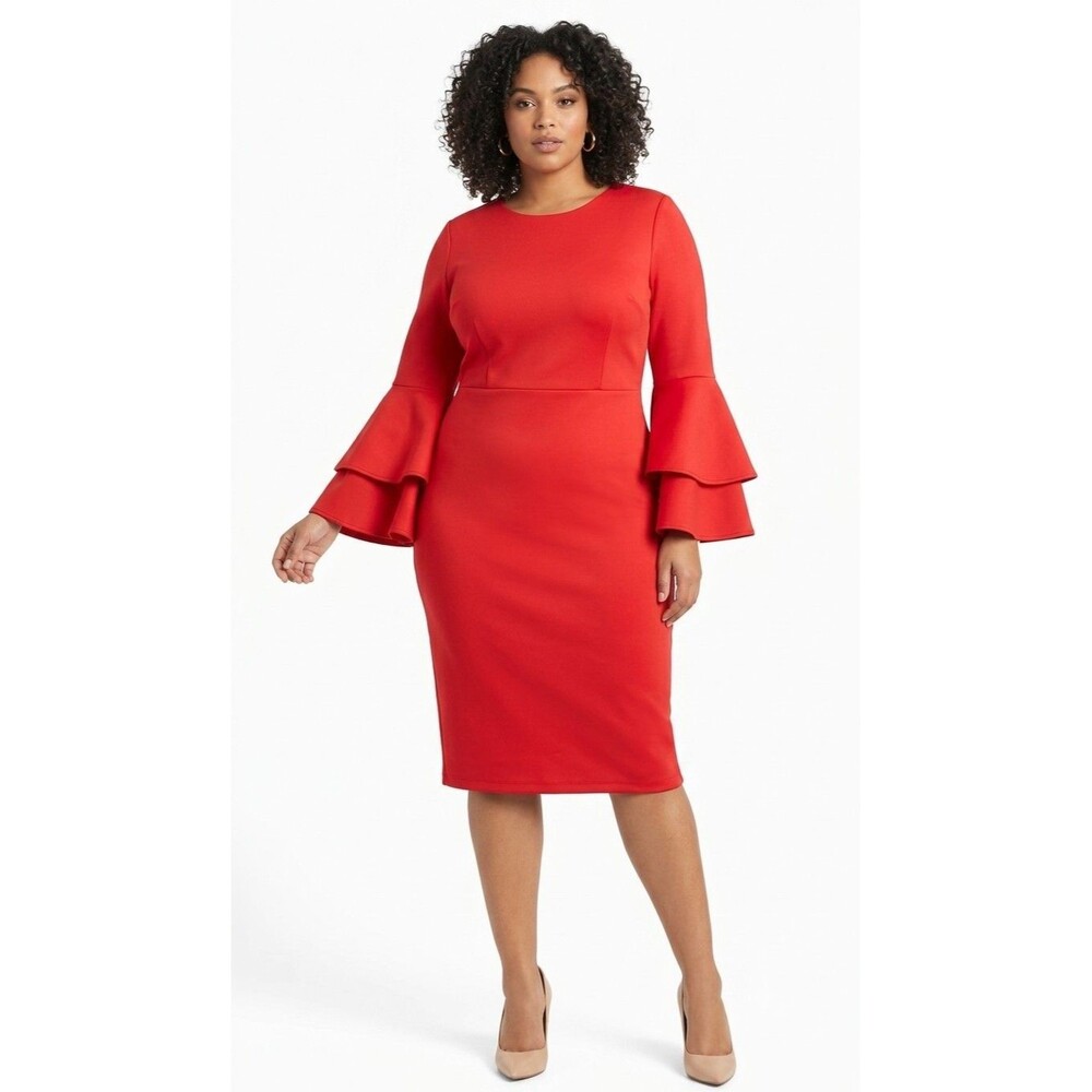 Eloquii Women's Plus Size 18 Red Scuba Dress Midi Bell Sleeves